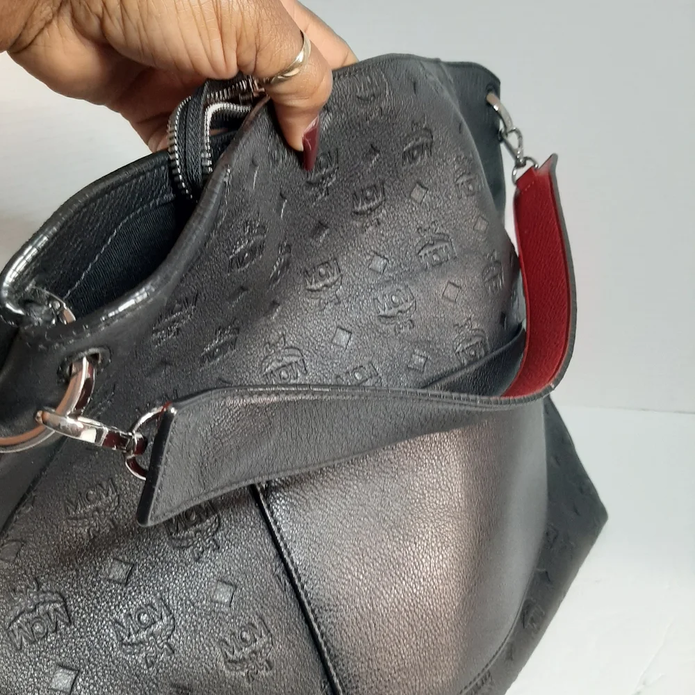 Black Embossed Crossbody Bag with Red Trim